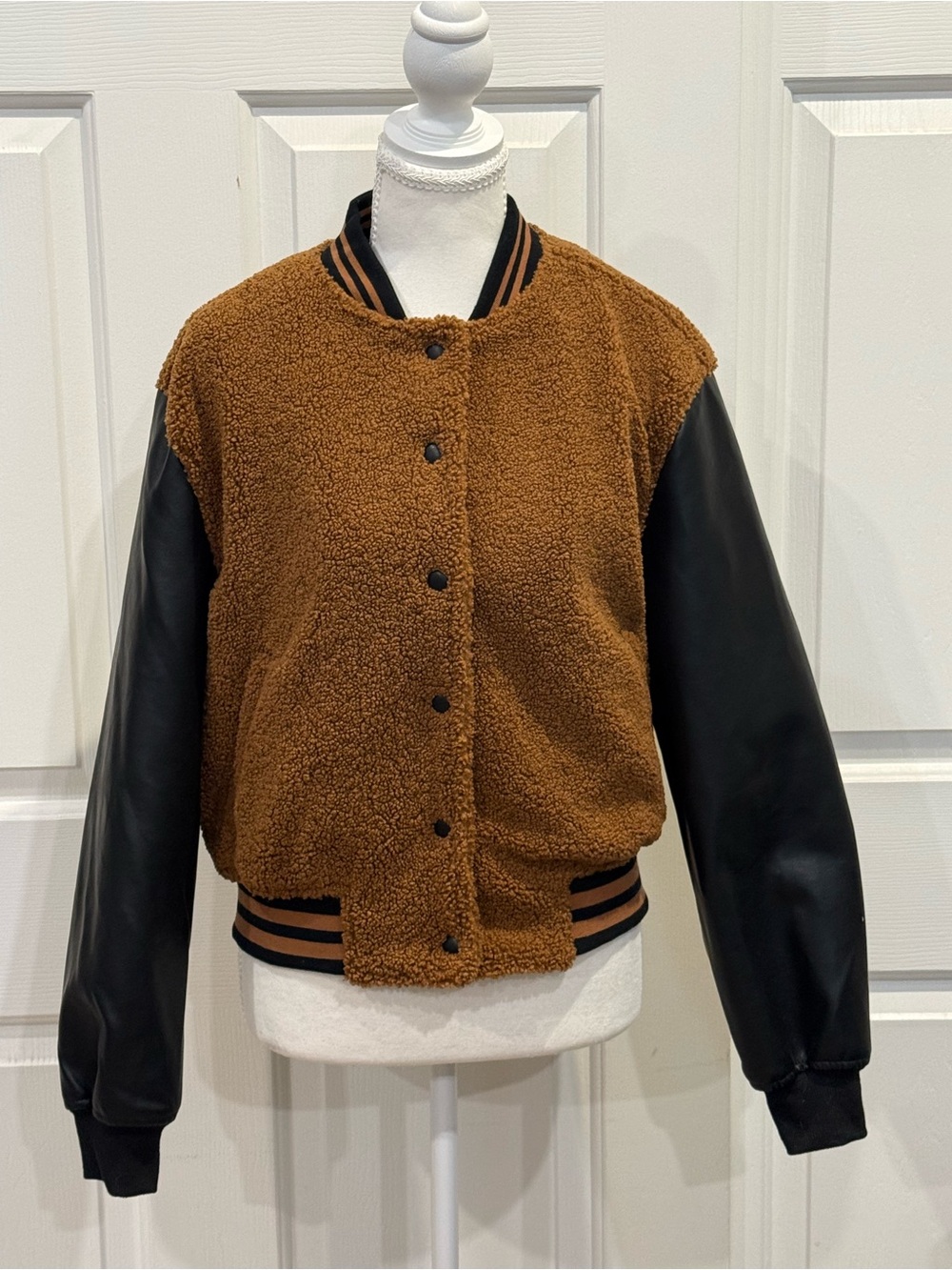 Teddy Varsity Jacket Faux Leather Sleeves Brown Cropped Bomber S - Picture 5 of 10